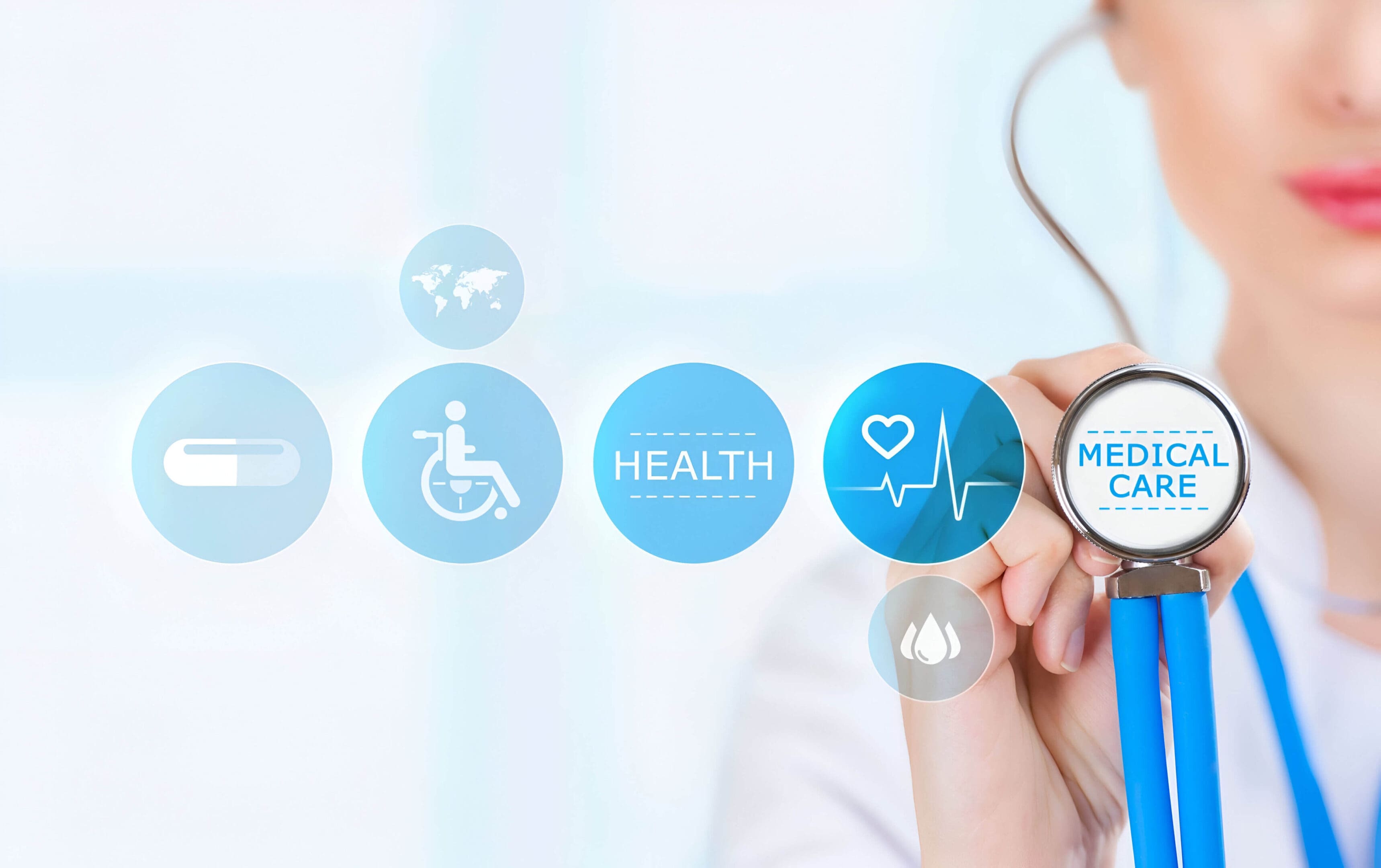 A doctor holding a stethoscope in front of a medical sign.